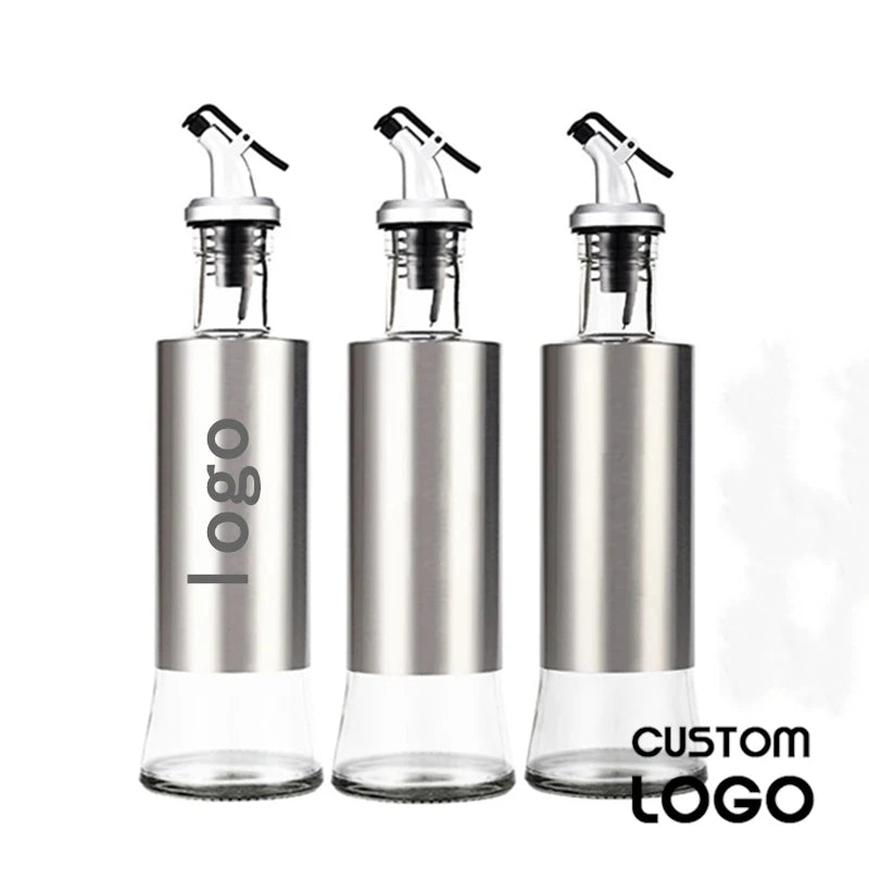 Free Engraving Cooking Seasoning Oil Bottle Glass Storage Metal Shell Bottles Oil Vinegar Cooking Ingredients Dispenser Kitchen