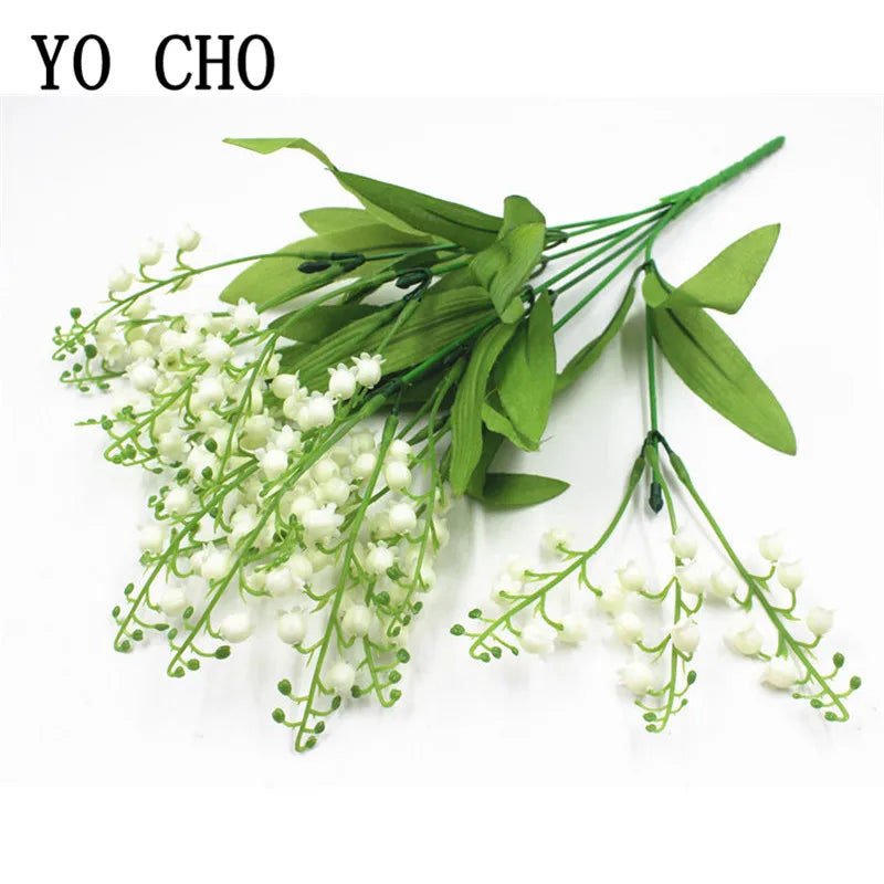 Artificial Flowers Lily of the Valley 7 Branches Fake Plastic Lily Flower Bridal Bouquet Wedding Party Decor Flores Artificiales