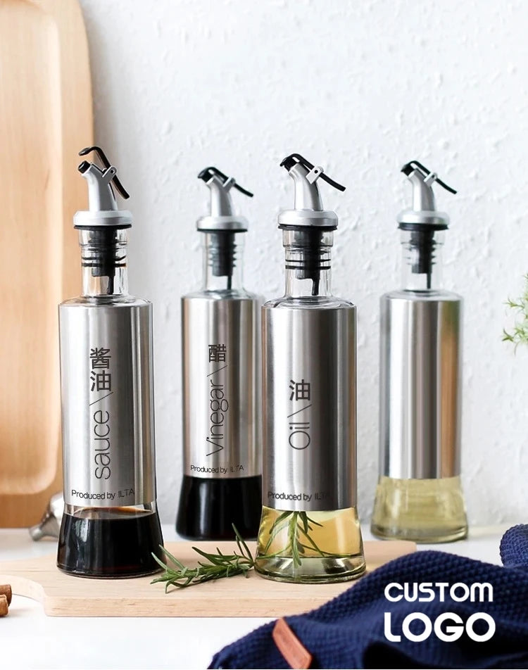 Free Engraving Cooking Seasoning Oil Bottle Glass Storage Metal Shell Bottles Oil Vinegar Cooking Ingredients Dispenser Kitchen