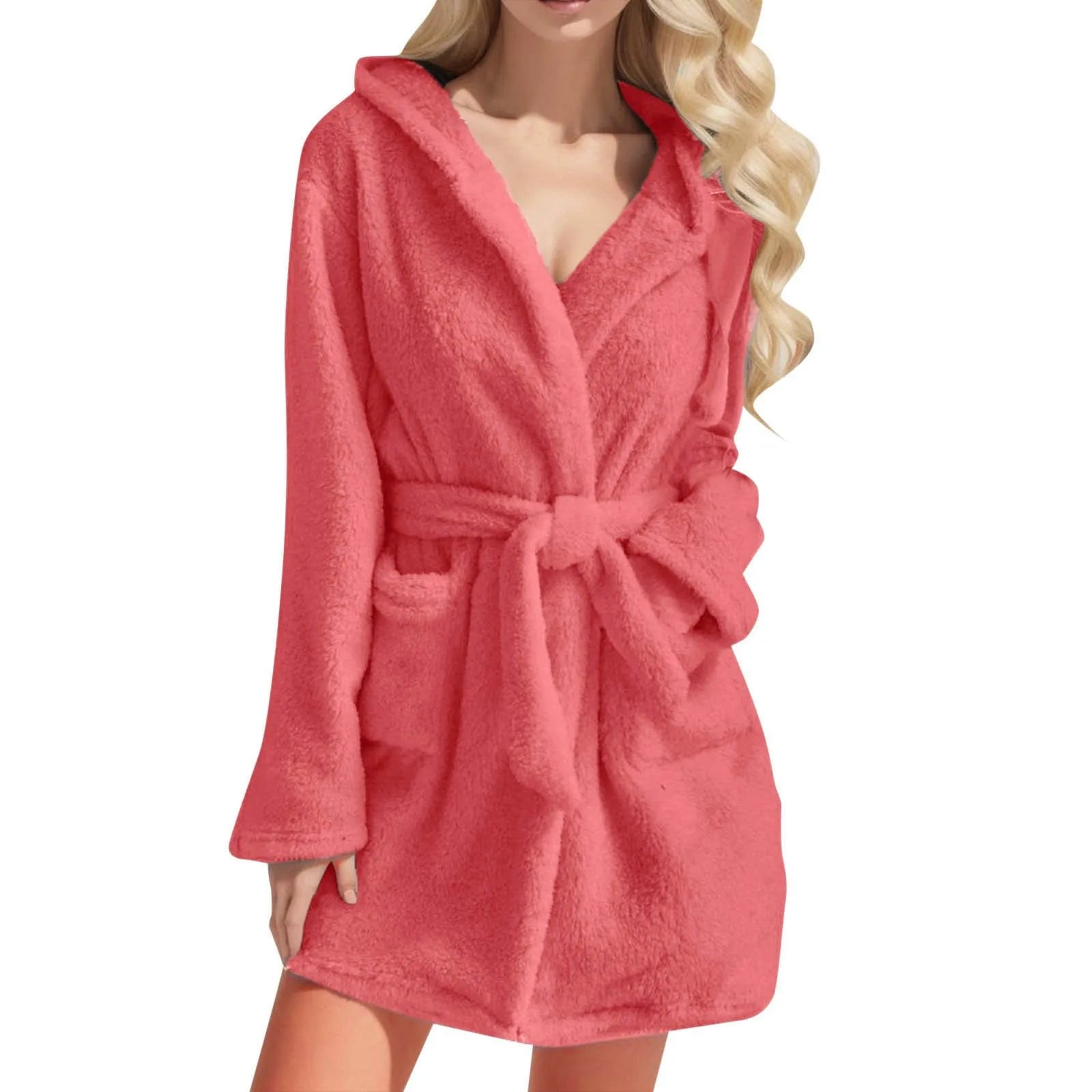 Women's Hooded Fleece Bathrobe Soft Short Flannel Pajamas Hooded Soft Robe Lady Pocket Hooded Ear Plush Robe Loungewear Bathrobe