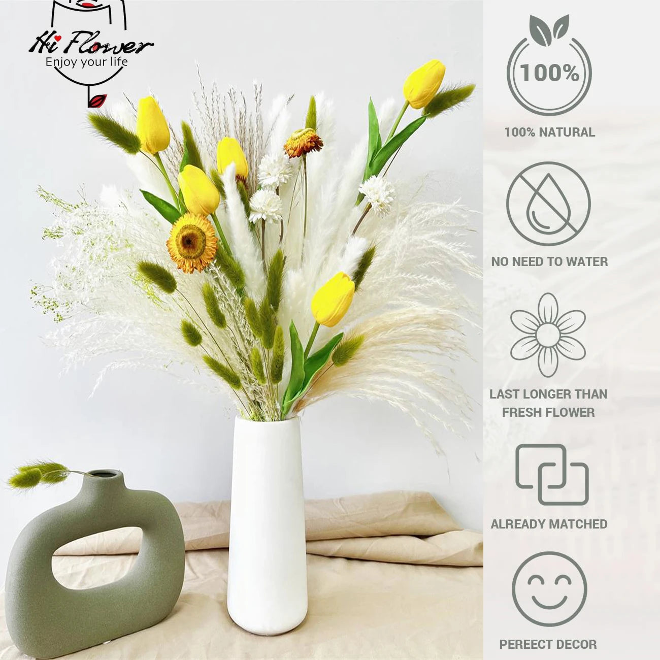 65PCS Natural Pampas Dried Flower Mix Artificial Tulip Flower