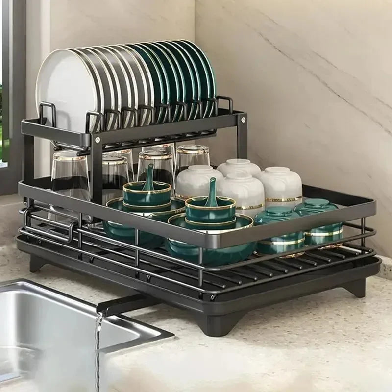 Double Layer Dish Drying Rack Adjustable Kitchen Plates Organizer with Drainboard Over Sink Countertop Cutlery Storage Holde