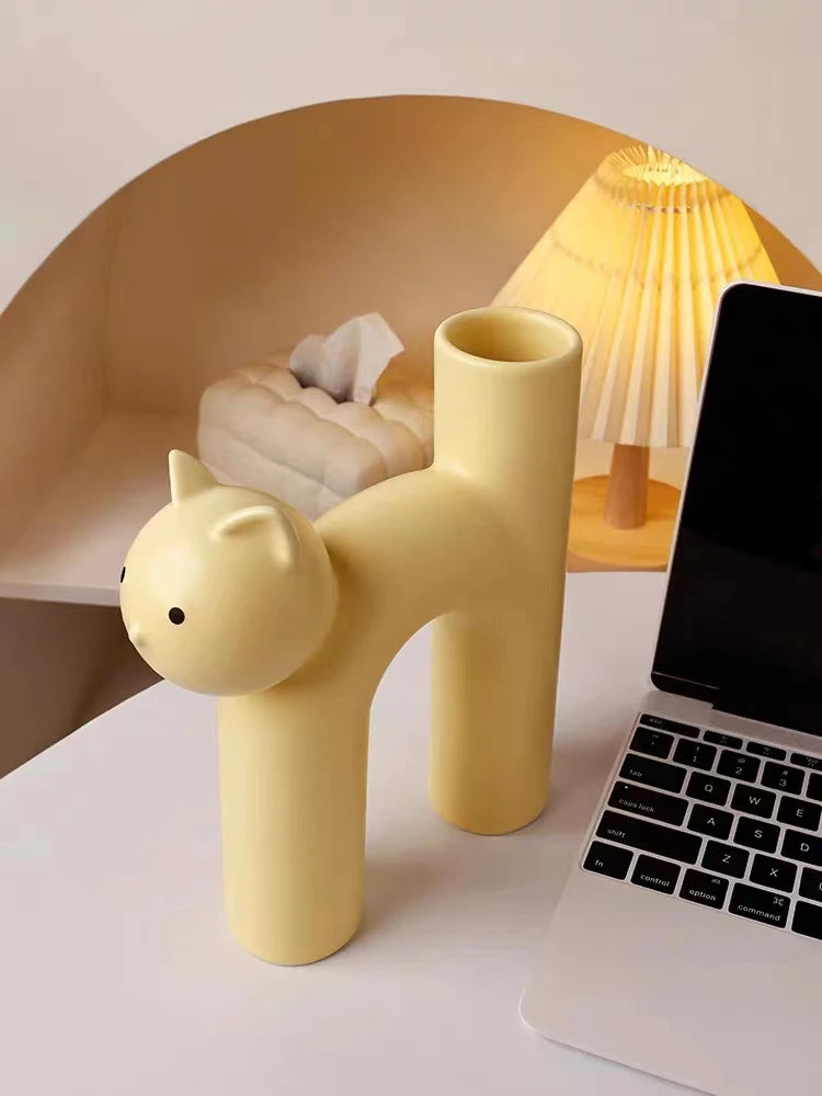 Creative Ceramic Flower Vase Cute Tubular Kawaii Cat Vase Room Home Desktop Decoration Art Ornament Gift Flowerpot Free Shipping