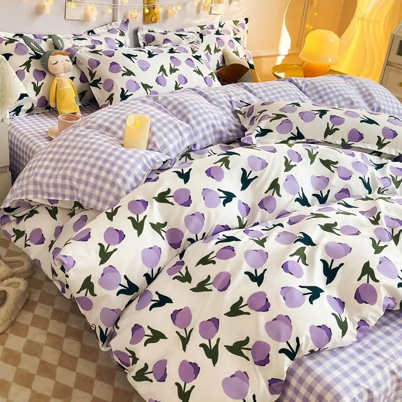 Floral Bedding Set with Duvet Cover No Filling Flat Sheet with Pillowcases 2024 New Kids Queen Full Size Boys Girls Bed Linen
