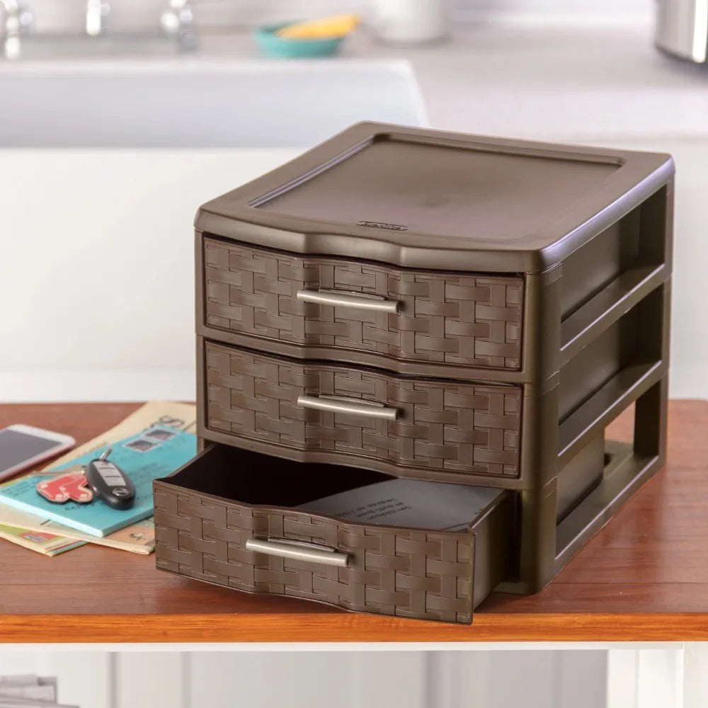 Medium Weave 3 Drawer Unit Plastic, Espresso, Set of 4 home organization and storage ，Storage box