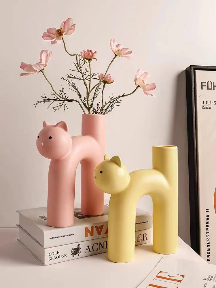 Creative Ceramic Flower Vase Cute Tubular Kawaii Cat Vase Room Home Desktop Decoration Art Ornament Gift Flowerpot Free Shipping