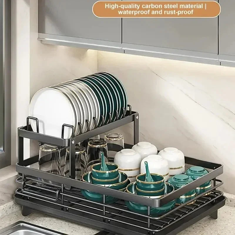Double Layer Dish Drying Rack Adjustable Kitchen Plates Organizer with Drainboard Over Sink Countertop Cutlery Storage Holde