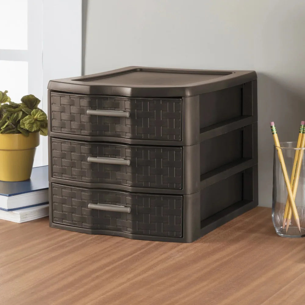 Medium Weave 3 Drawer Unit Plastic, Espresso, Set of 4 home organization and storage ，Storage box