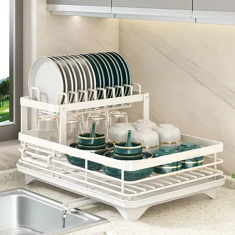 Double Layer Dish Drying Rack Adjustable Kitchen Plates Organizer with Drainboard Over Sink Countertop Cutlery Storage Holde