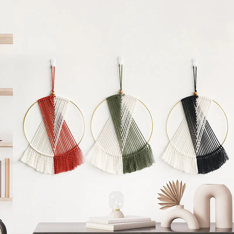 Nordic Handwoven Cotton Thread Round Macrame Pendant Boho Wall Hanging Ornament With Fringes Colored Weaving Tapestry Home Decor