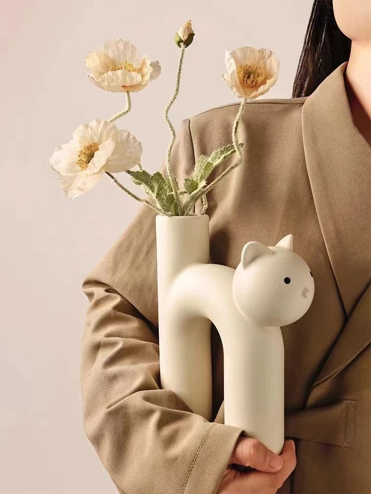 Creative Ceramic Flower Vase Cute Tubular Kawaii Cat Vase Room Home Desktop Decoration Art Ornament Gift Flowerpot Free Shipping
