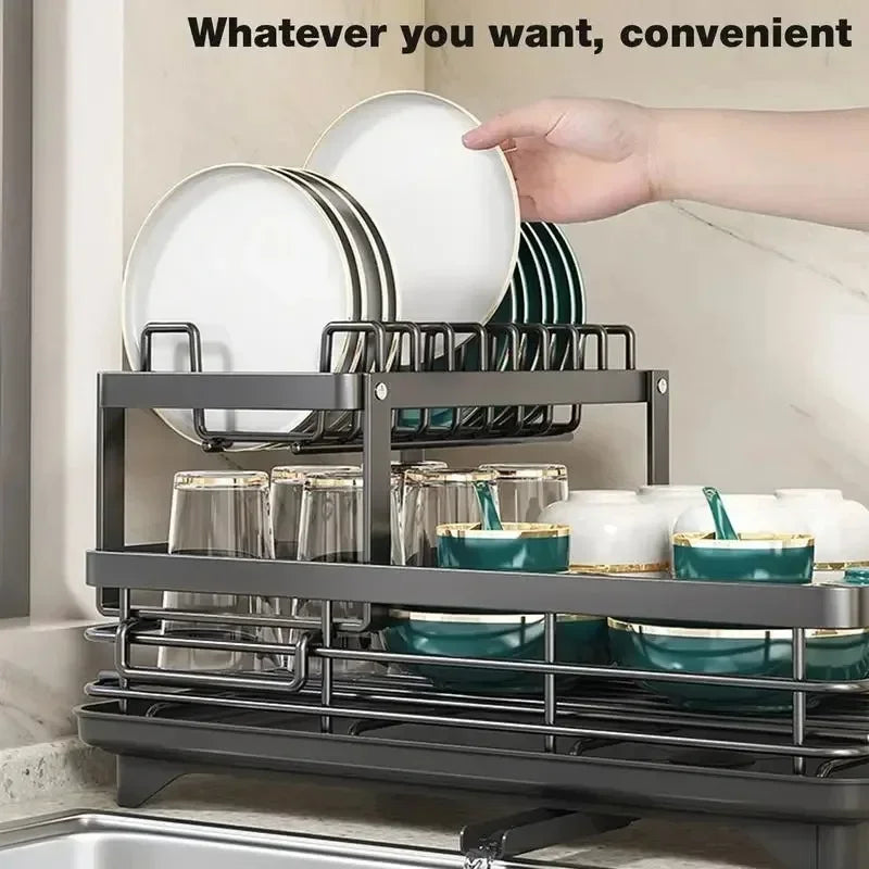 Double Layer Dish Drying Rack Adjustable Kitchen Plates Organizer with Drainboard Over Sink Countertop Cutlery Storage Holde