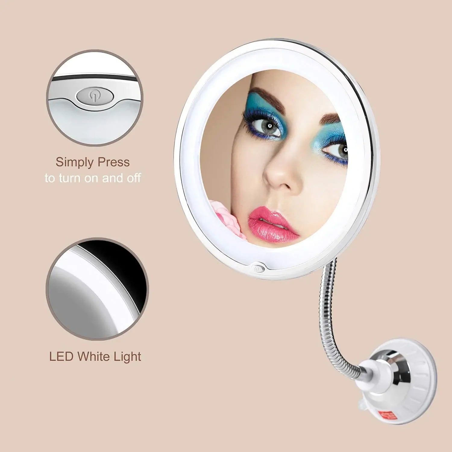 Flexible Gooseneck 6.8" 10x Magnifying LED Lighted Makeup Mirror, Bathroom Magnification Vanity Mirror with Suction Cup, 360 Deg