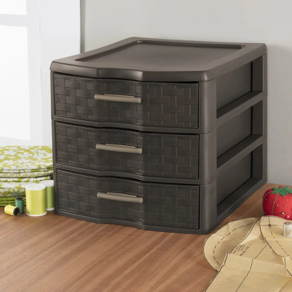 Medium Weave 3 Drawer Unit Plastic, Espresso, Set of 4 home organization and storage ，Storage box